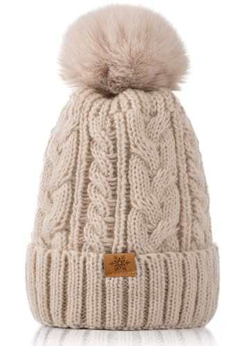 Winter Hats for Women - Fleece Lined Winter Hat, Chunky Knit Beanie for Women with Faux Fur Pom Beige | Amazon (US)