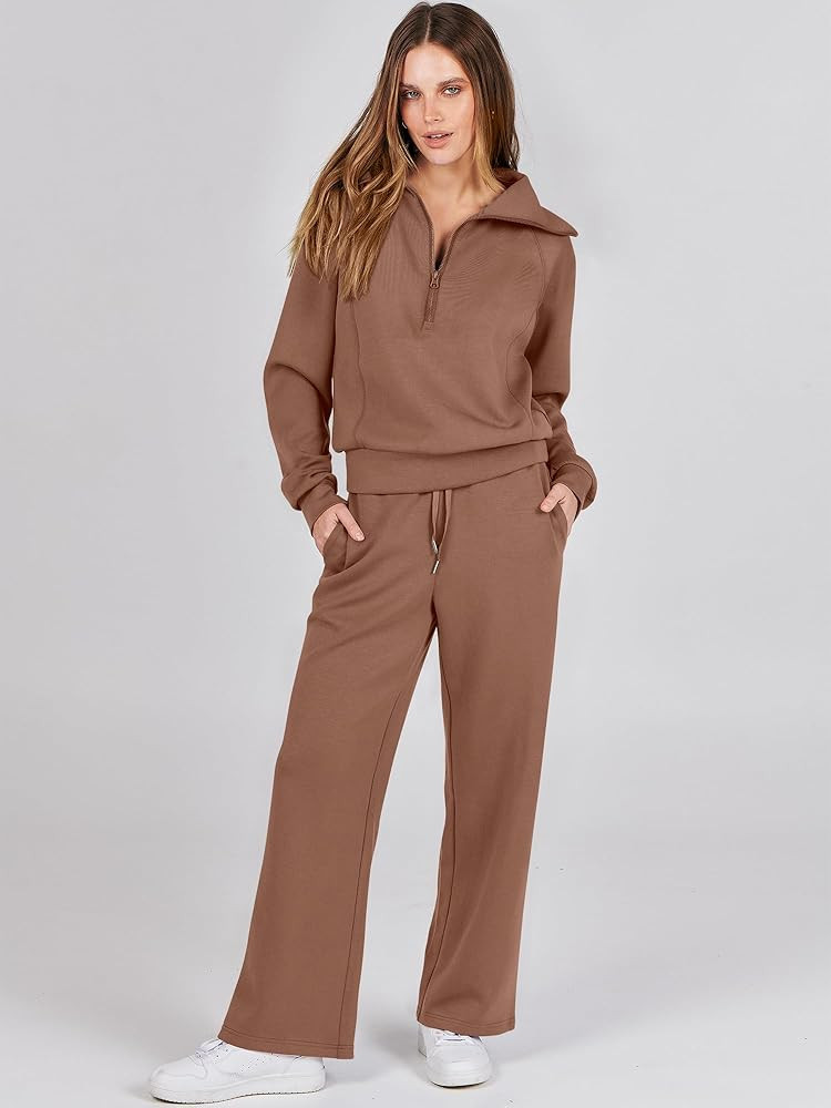 ANRABESS Women 2 Piece Outfits 2025 Fall Fashion Airport Wide Leg Pants Lounge Set Leisure Travel... | Amazon (US)