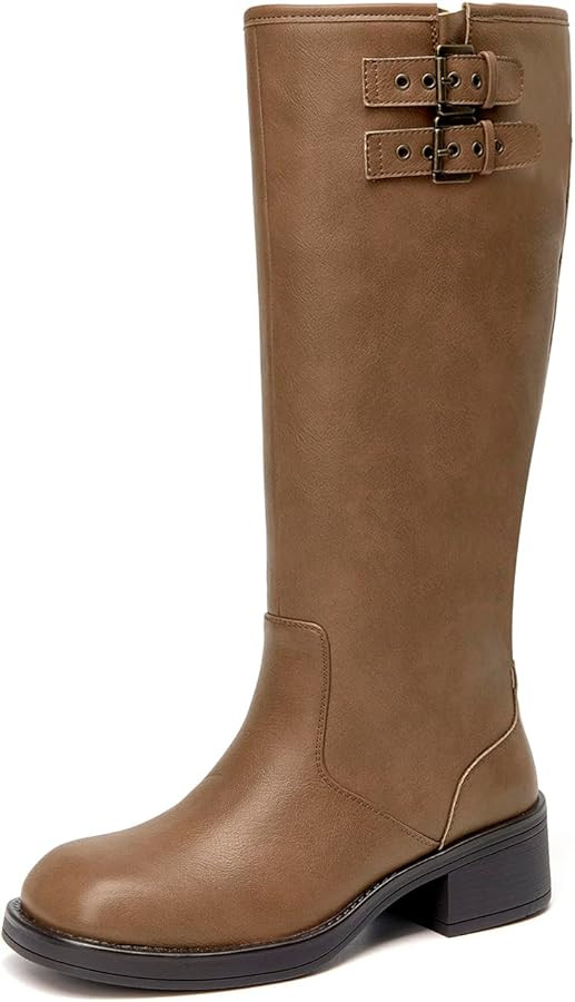 ALLOT Women's Knee High Boots Buckle Strap Low Flat Heel Side Zip Round Toe Comfortable Riding Bo... | Amazon (US)