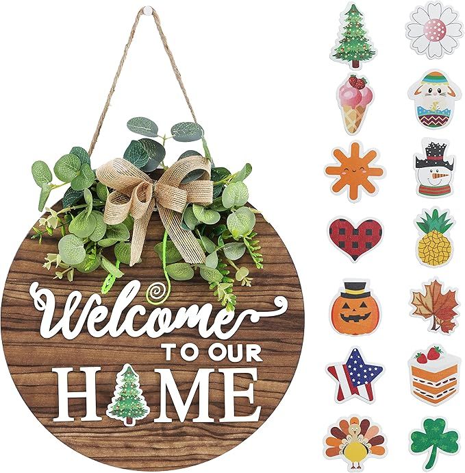 Interchangeable Seasonal Welcome Sign Front Door Decoration, Rustic Round Wood Wreaths Wall Hangi... | Amazon (US)