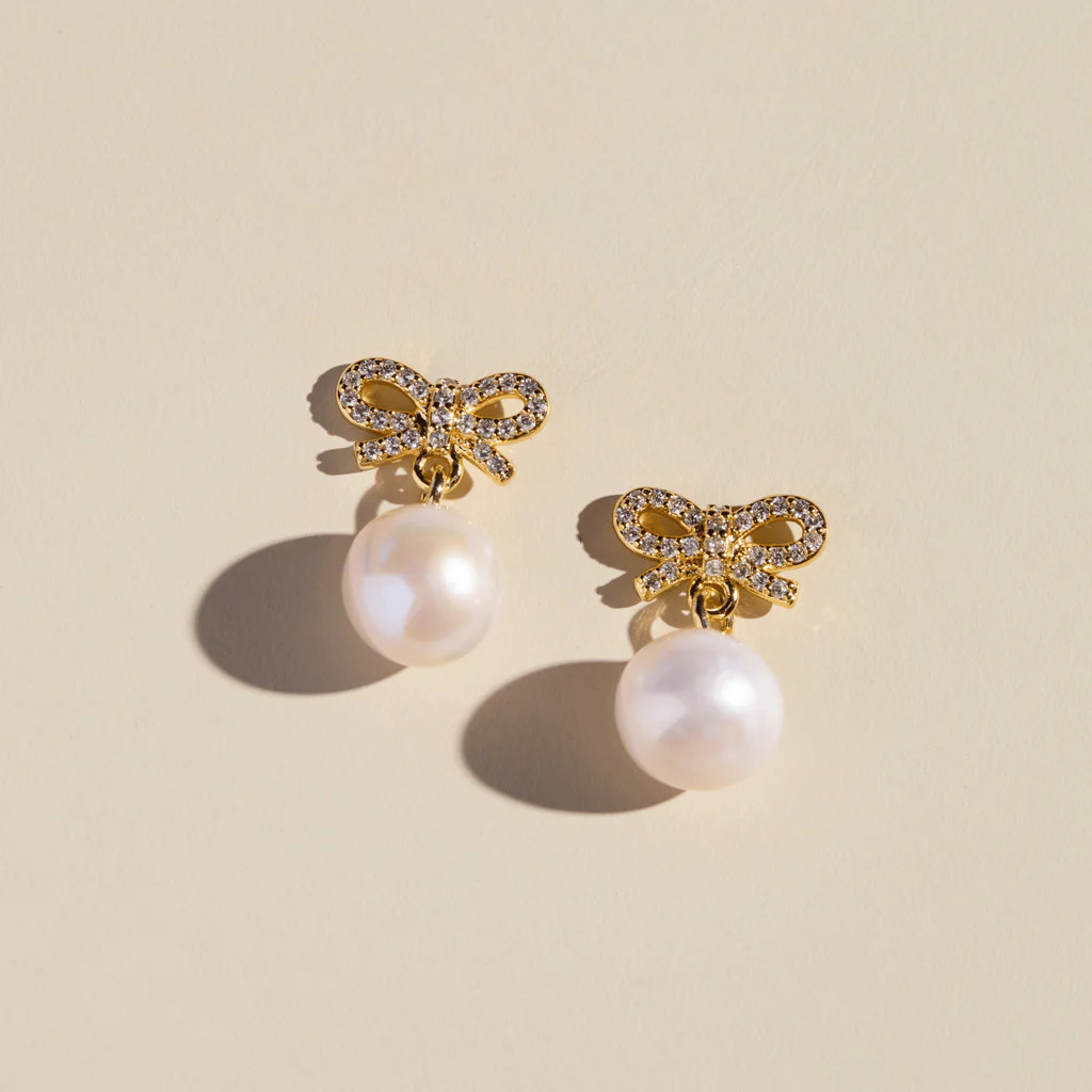 Bow and Pearl Studs | Nickel and Suede