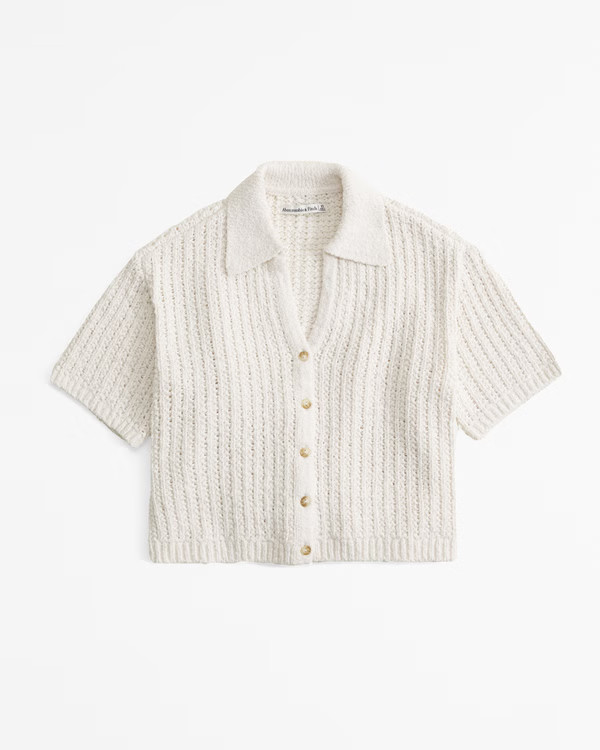 Women's Crochet-Style Short-Sleeve Collared Cardigan | Women's Clearance | Abercrombie.com | Abercrombie & Fitch (US)