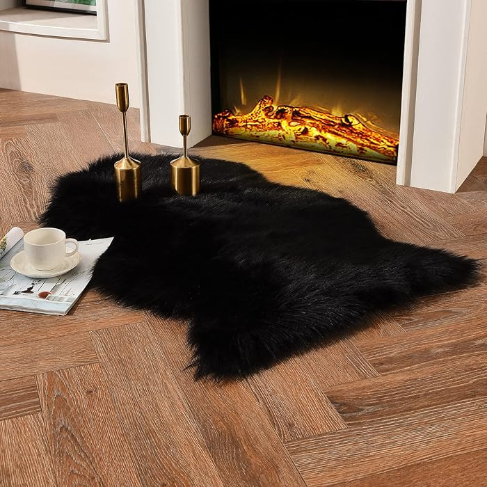 duduta Black Faux Sheepskin Fur Throw Rug 2x3 ft, Fluffy Shag Chair Cover Small Bedside Dorm Rug ... | Amazon (US)