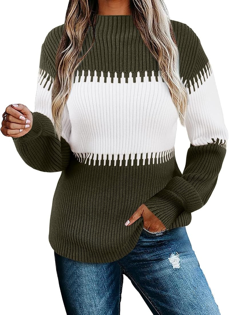 Imysty Womens Turtleneck Sweaters Fall Long Sleeve Color Block Striped Pullover Sweater Chunky Kn... | Amazon (US)