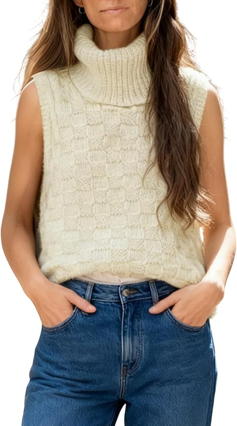 Huaqiao Womens Turtleneck Sweater Vest Sleeveless Pullover Knit Tank Tops Loose Solid Color Knitw... | Amazon (US)