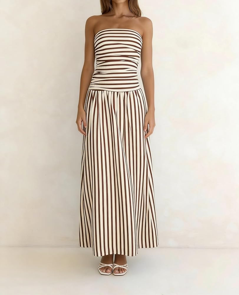 NUFIWI Women Ruched Tube Long Dress Sleeveless Bodice Top Maxi Dress Elegant Strapless A Line Summer Dresses | Amazon (US)