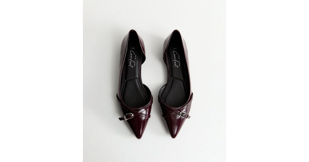 Dark Burgundy Patent Faux Leather D'Orsay Buckle Detail Flats | New Look | New Look (UK)