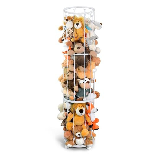 BENCHRY Stuffed Animal Storage Zoo Plushies Toy Storage Organizer, Metal Tube Stuffed Animal Holder with Brake Wheels, Space Saving Plush Toy Holder for Playroom Bedroom Nursery (White) | Amazon (US)