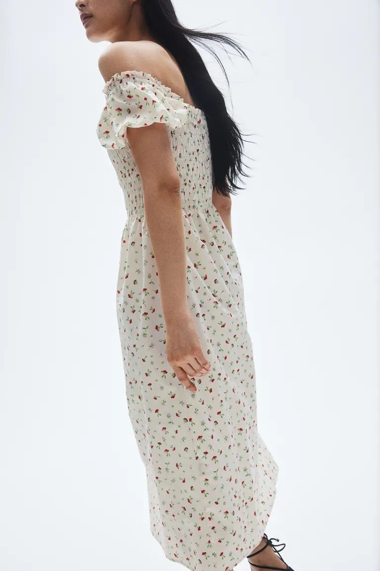 Off-the-shoulder Poplin Dress - Cream/small flowers - Ladies | H&M US | H&M (US + CA)