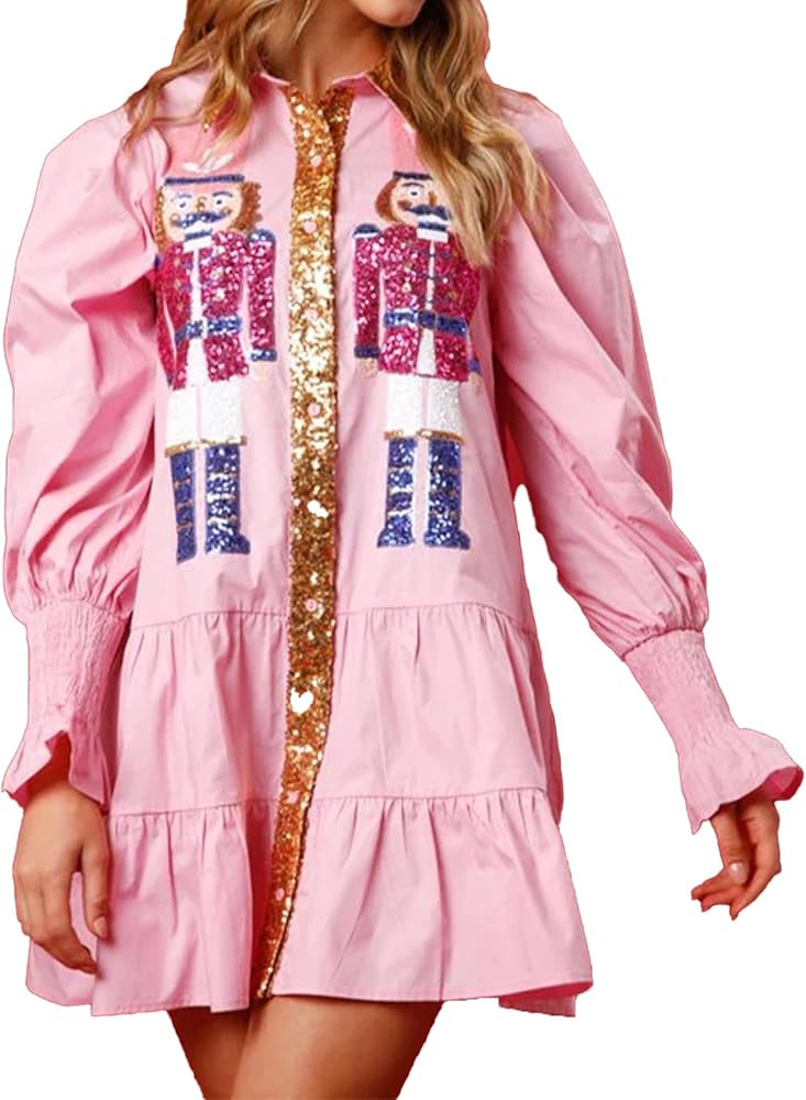 Christmas Nutcracker Dress for Women Sequin Sweatshirt Dress Long Puff Sleeve Button Down Mini Sh... | Amazon (US)
