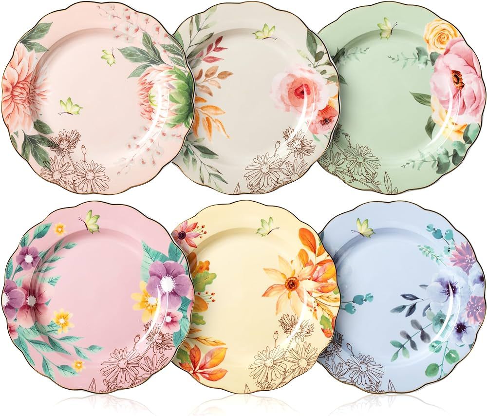 BTaT- Porcelain Floral Plates, 8 inch, Set of 6, Royal Dessert Plates, Appetizer Plates, Floral P... | Amazon (US)