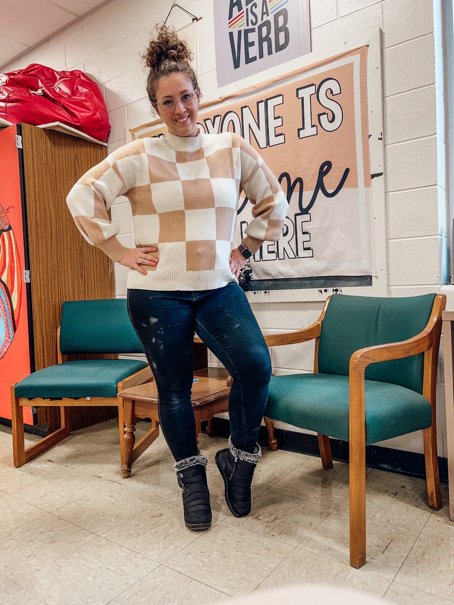 It was then, posting about her new cozy snow boots she wore for the first time during her snow day, that she realized that she had banana all over her pants from her child and posted anyway 🤷🏼‍♀️

English teacher ootd 

#LTKWorkwear #LTKMidsize #LTKmomlife