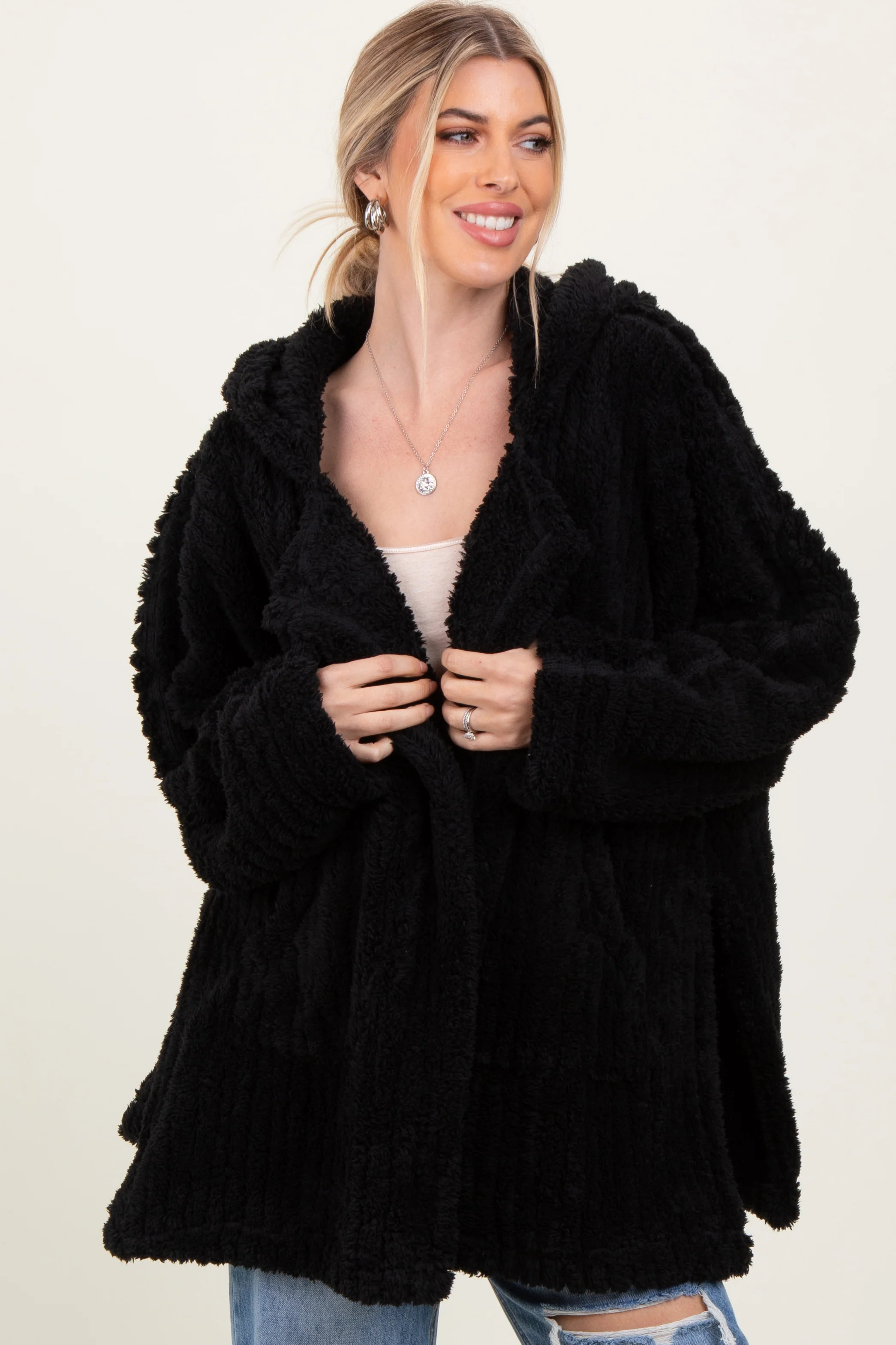Black Fuzzy Slit Hem Hooded Cardigan | PinkBlush Maternity