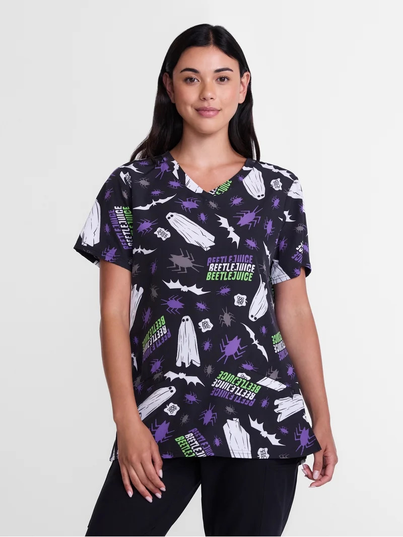 Beetlejuice Women's Halloween Scrub Top with Short Sleeves, Sizes S-XXXL | Walmart (US)