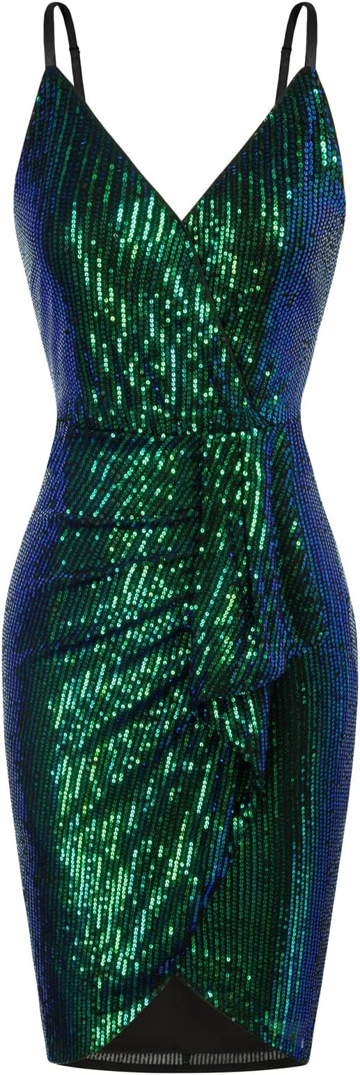 GRACE KARIN Women's Sexy Sequin Dress Wrap V-Neck Ruched Bodycon Spaghetti Straps Cocktail Party ... | Amazon (US)