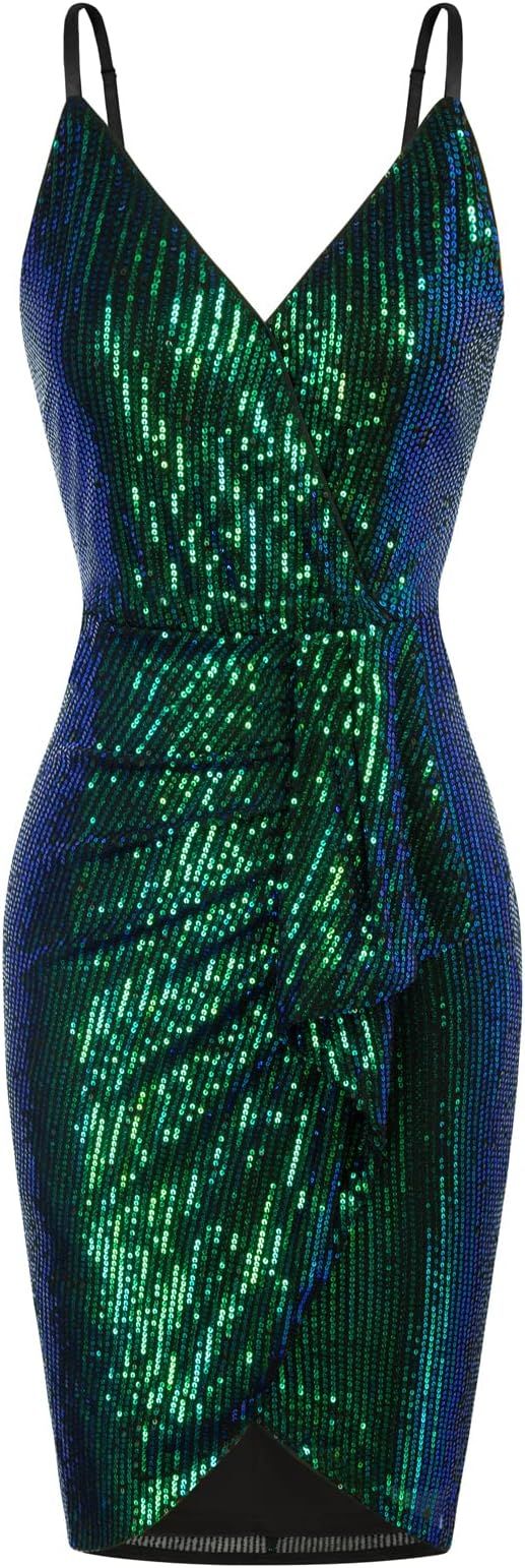 GRACE KARIN Women's Sexy Sequin Dress Wrap V-Neck Ruched Bodycon Spaghetti Straps Cocktail Party ... | Amazon (US)