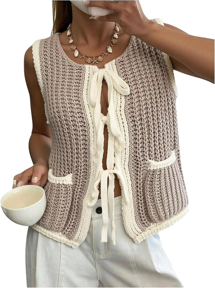SweatyRocks Women's Tie Front Sweater Vest Chunky Knit Sleeveless Crewneck Cardigan with Pockets | Amazon (US)