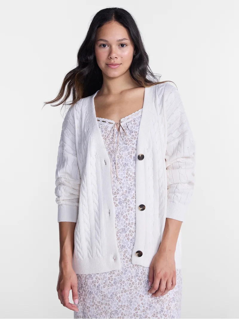 No Boundaries Cable Knit Grandpa Cardigan, Women's and Women's Plus XXS-4X | Walmart (US)