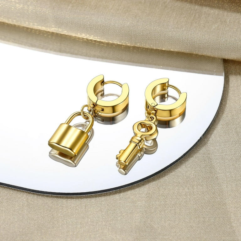 Bestyle Stainless Steel Lock and Key Dangle Earrings for Men Women Boho Hoop Huggie Earrings Hypo... | Walmart (US)