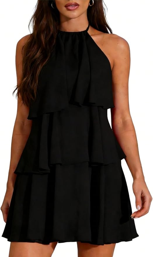OYOANGLE Women's Sleeveless Layered Ruffle Backless Short Dress Sleeveless Ruffle Party Wedding G... | Amazon (US)