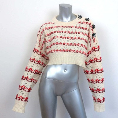 Meryll Rogge Cropped Sweater Ivory/Red Striped Wool Pointelle Knit Size Large | eBay US