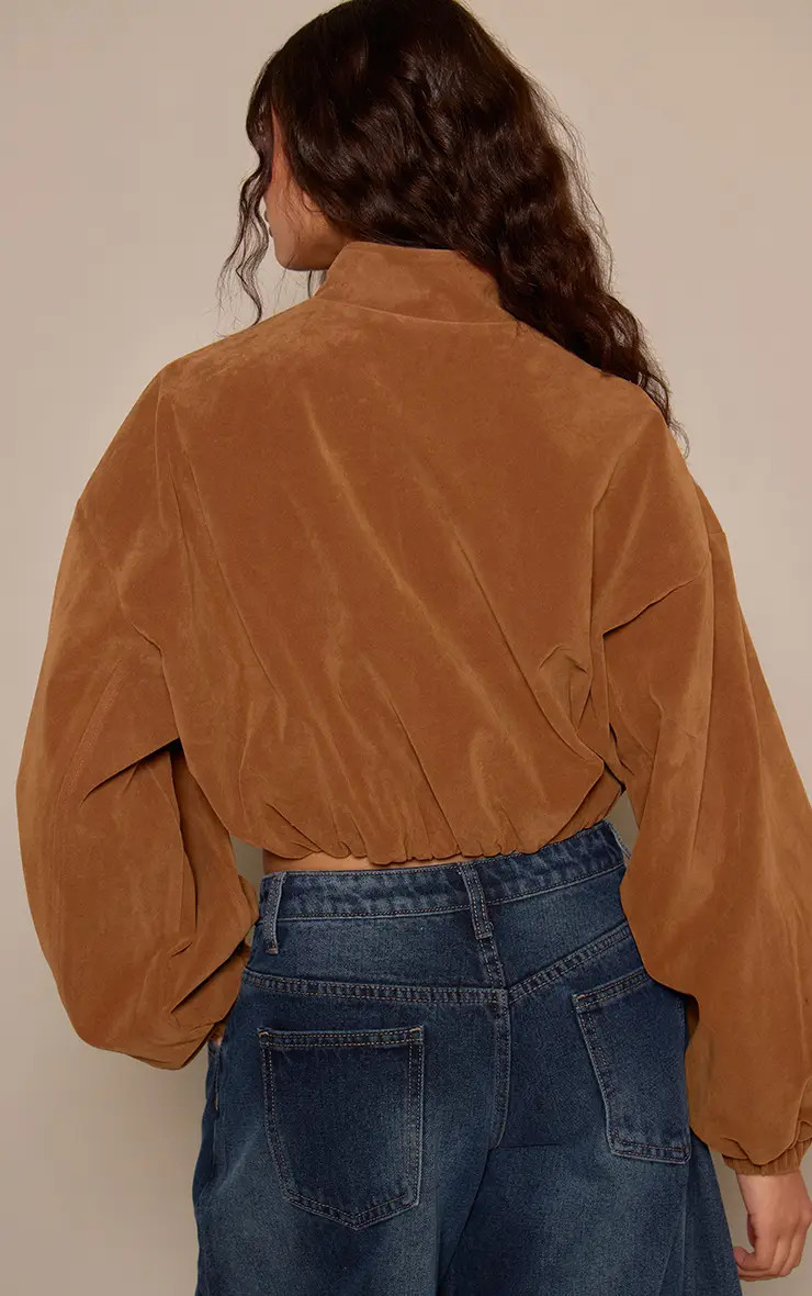 Caramel Faux Suede Cropped Bomber Jacket | PrettyLittleThing UK