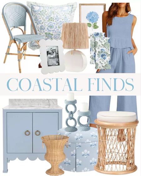 Some favorite Coastal home decor plus this cute matching two piece set that feels very grandmillennial / coastal grandma! Home decor finds featuring a blue vanity, rattan side table, blue candle holders, blue ottoman, round ottoman, block print, white lamp, scalloped frame, white frame, blue dining chair, bistro dining chair, rattan dining chair, and floral pillow (5/21)

#LTKhome #LTKstyletip