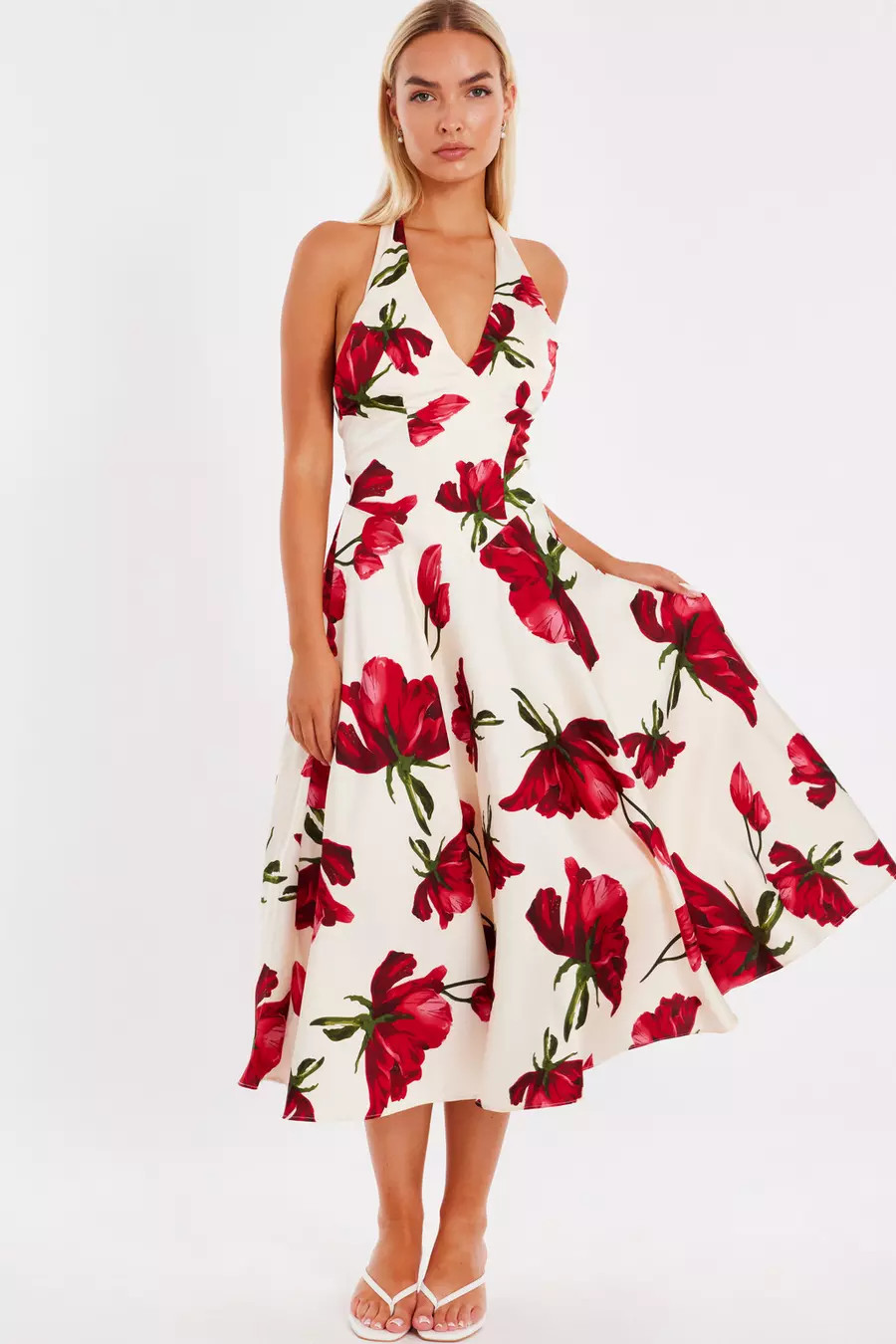 Cream Satin Rose Print Midi Dress | Quiz Clothing