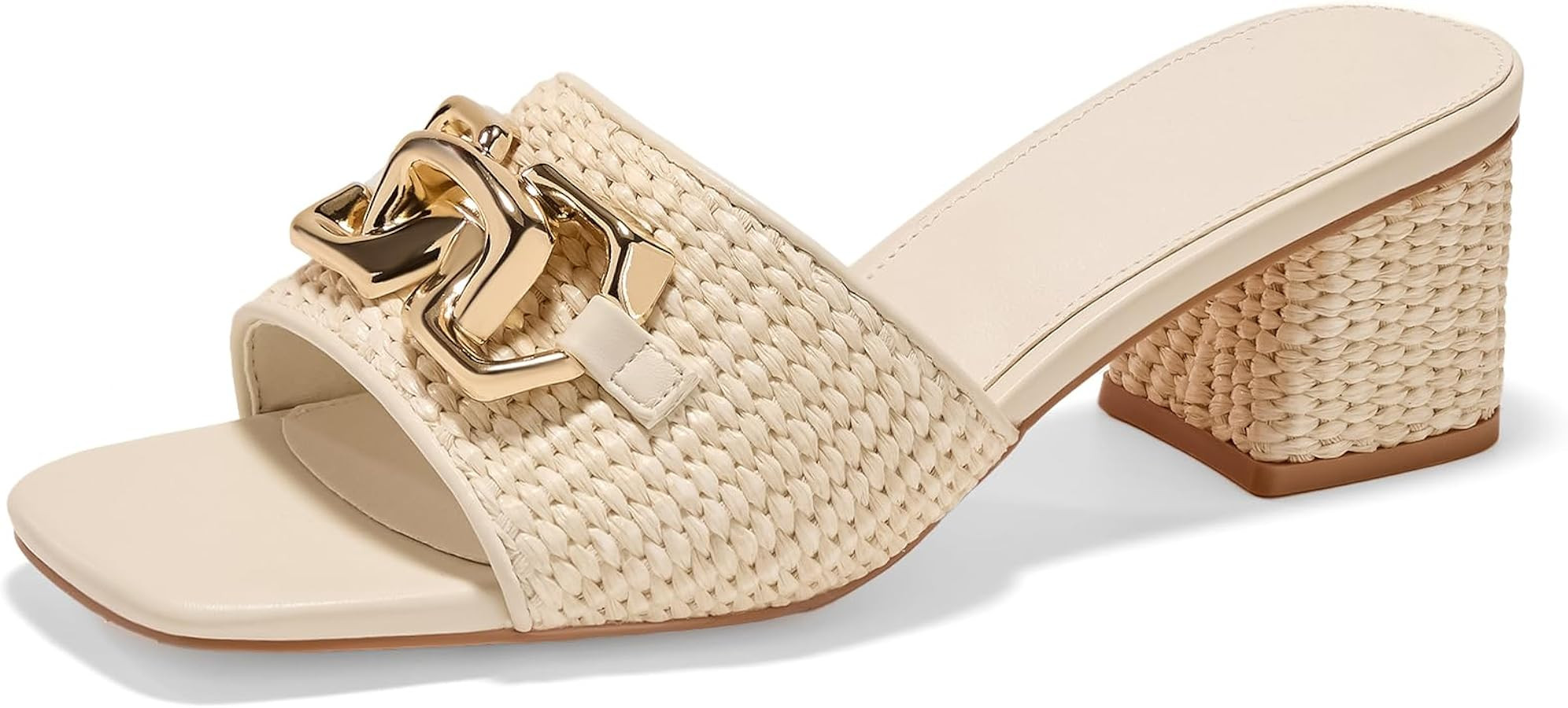 Women's Raffia Slide Sandals Square Open Toe Sandal Chunky Heeled Metal Chain Dressy Shoes | Amazon (US)