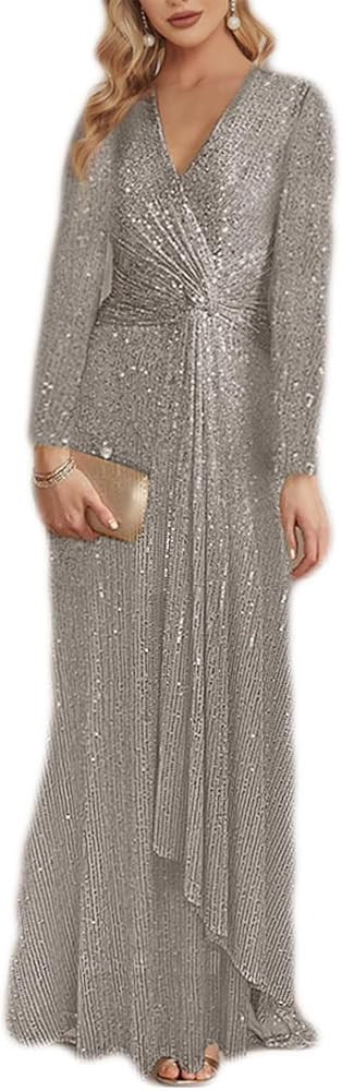 meilun Long Sleeve Sequin Dress for Women Formal Gowns Sparkly V Neck Maxi Dress | Amazon (US)