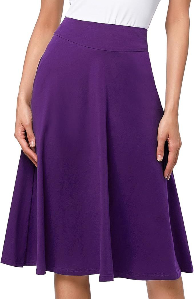 Kate Kasin Flared Stretchy Midi Skirt High Waist Jersey Skirt for Women | Amazon (US)