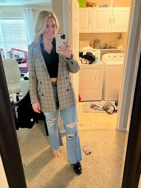 Messy house, long to-do list, but fit check is on point! Wife leg distressed denim jeans, crop top blouse and plaid boyfriend suit jacket with Louis Vuitton boots 

#LTKworkwear #LTKstyletip #LTKunder100