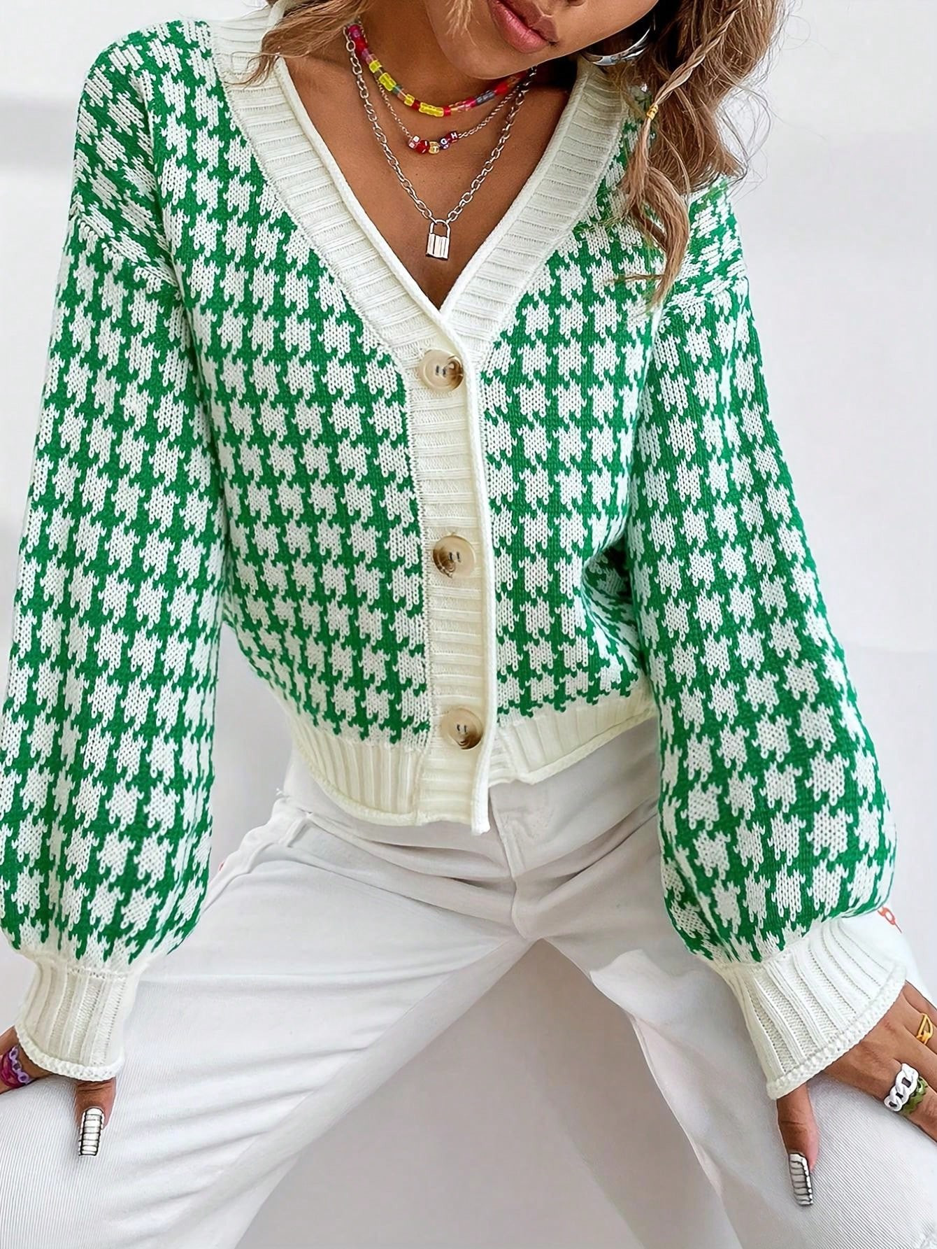 [Customized] Autumn/Winter Fashion College Style Houndstooth Pattern Cardigan, Y2K Button Design,... | SHEIN
