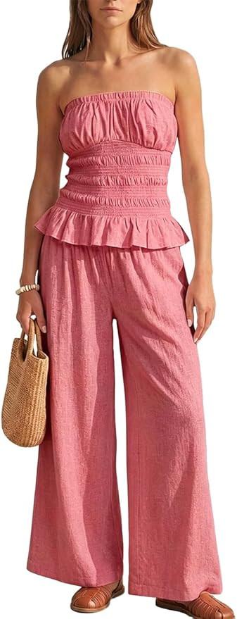 MAKABO Womens Two Piece Summer Vacation Set Strapless Wide Leg Pants Set with Pockets Beach Trave... | Amazon (US)
