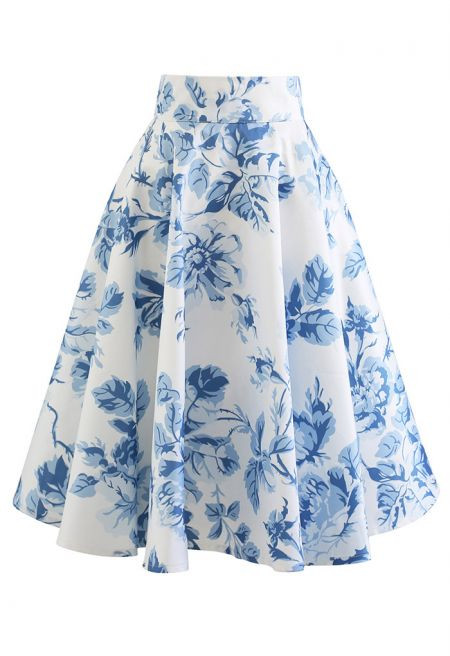 Blue Watercolor Peony Flare Midi Skirt | Chicwish