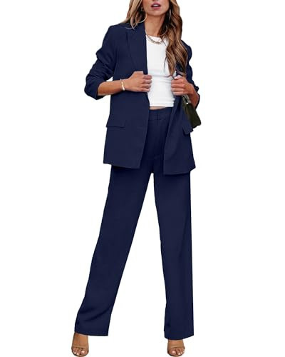 luvamia 2 Piece Outfits for Women Dressy Blazer Jackets High Waisted Straight Leg Pants Suits Set Business Casual Office Womens Work Clothes for Women Office Navy Blue Size Small Size 4 Size 6 | Amazon (US)