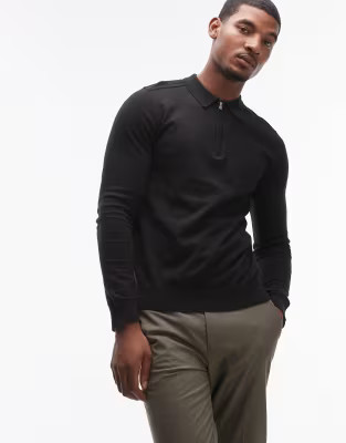 Selected Homme half zip long sleeve polo shirt in black | ASOS (Global)