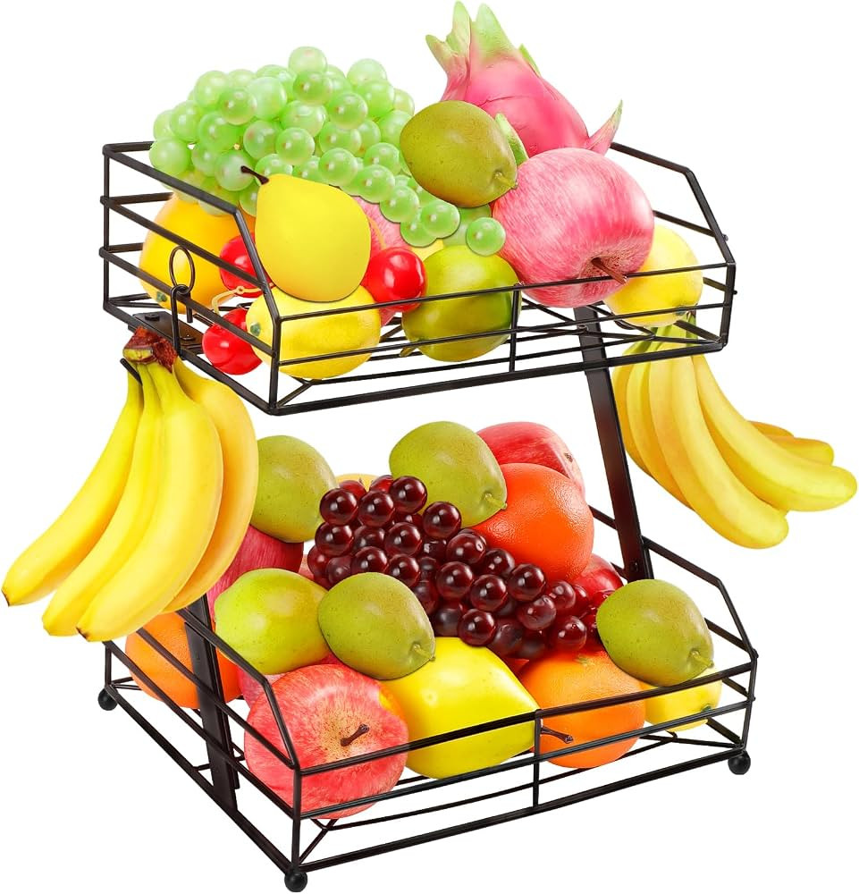 2-Tier Fruit Basket Bowl with 2 Banana Hangers, Metal Wire Fruit Basket Organizer for Kitchen Cou... | Amazon (US)