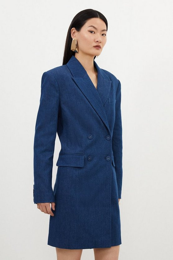 Denim Double Breasted Blazer Mini Dress | Karen Millen US