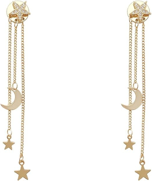 Asymmetrical Star Moon Tassel Drop Dangle Earrings for Women Dainty Long Lucky Star Crescent Plan... | Amazon (US)