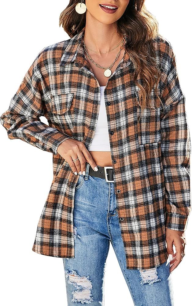 Blooming Jelly Women's Button Down Flannel Shirts Plaid Shacket Long Sleeve Collared Business Casual | Amazon (US)