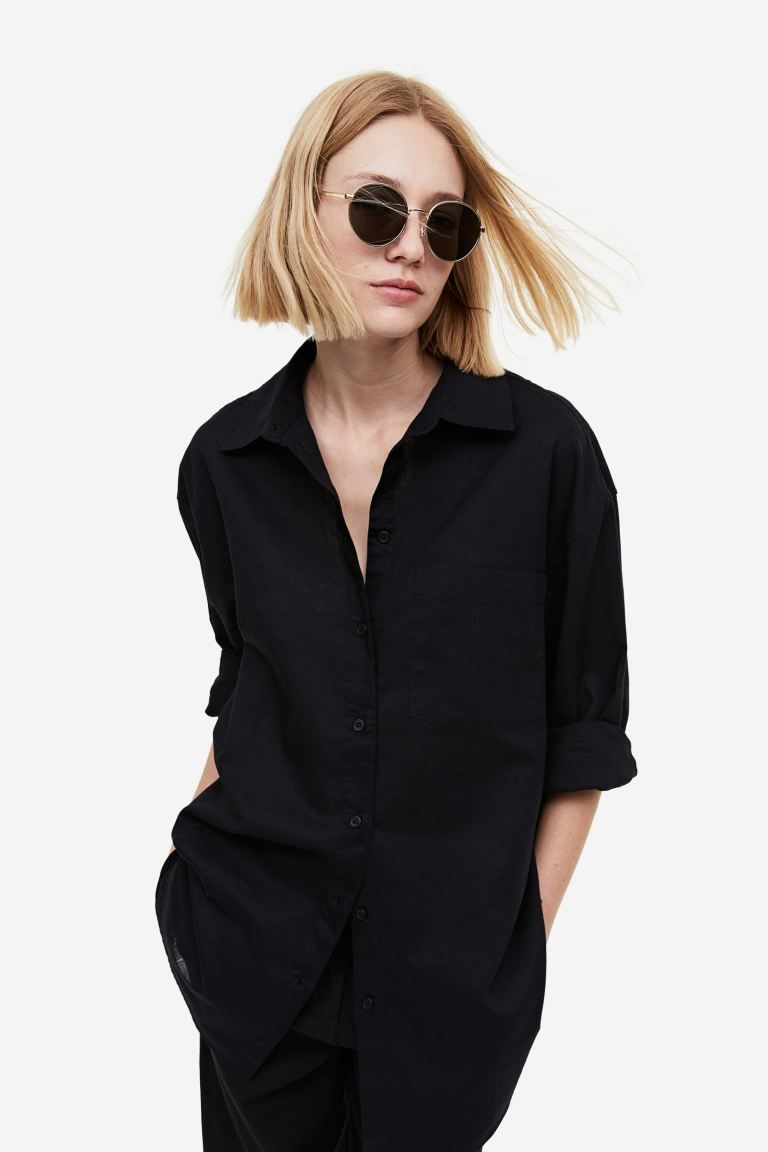 Linen-blend Shirt - Black - Ladies | H&M US | H&M (US + CA)