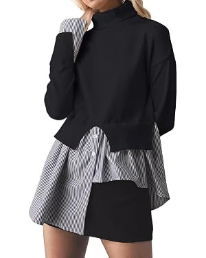 Womens Turtleneck Peplum Patchwork Sweater 2 in 1 Slit Asymmetrical Hem Pullover Sweater Striped ... | Amazon (US)