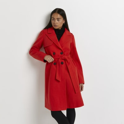 Petite red double breasted belted trench coat | River Island (UK & IE)