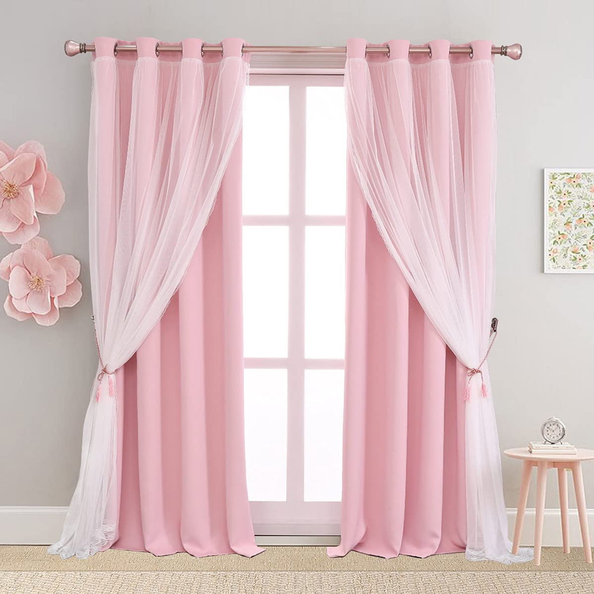Double Layered Blackout Pink Curtains 2 Panels - Princess Draperies for Girl's Bedroom Living Roo... | Amazon (US)
