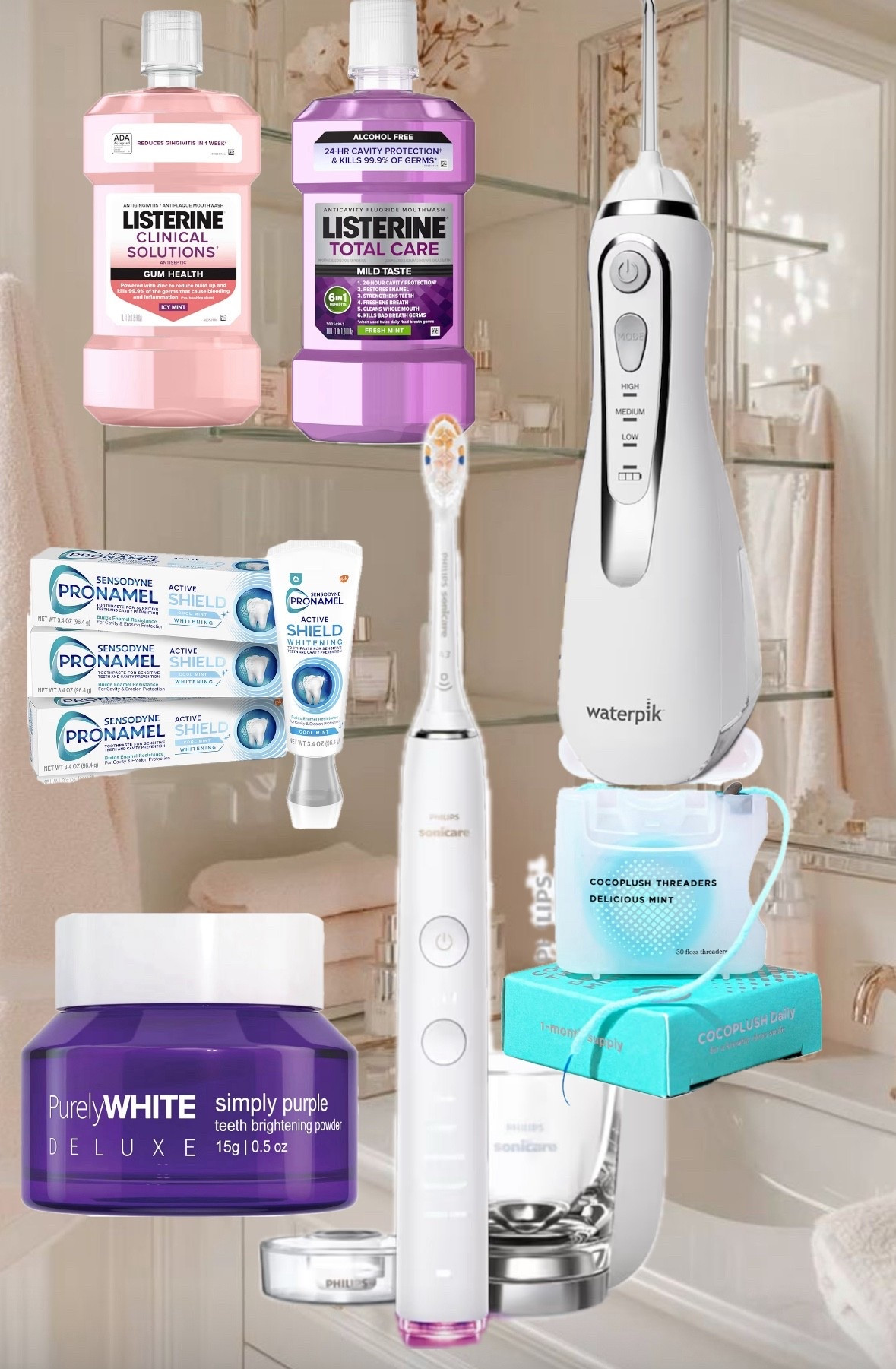 The ULTIMATE home care products for your dental routine! 
1. Floss with coco floss 2x/day
2. Waterpik entire mouth. Cheek side and tongue side!
3. Brush on deep clean setting morning and night until brush turns off (3 mins each time)
*optional- dip toothpaste into purple powder to brighten and whiten.
4. Pink mouthwash in the morning then purple at night

Questions? I’m here to help! I’ve been a dental hygienist for 13 years 🪥😁🦷

#LTKGiftGuide #LTKBeauty #LTKHoliday