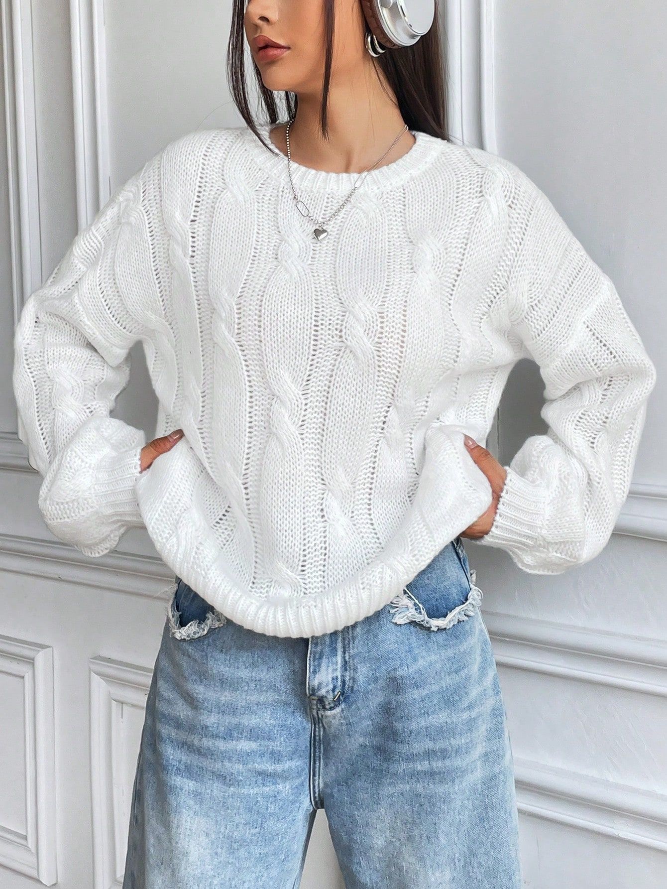 Cable Knit Drop Shoulder Sweater | SHEIN