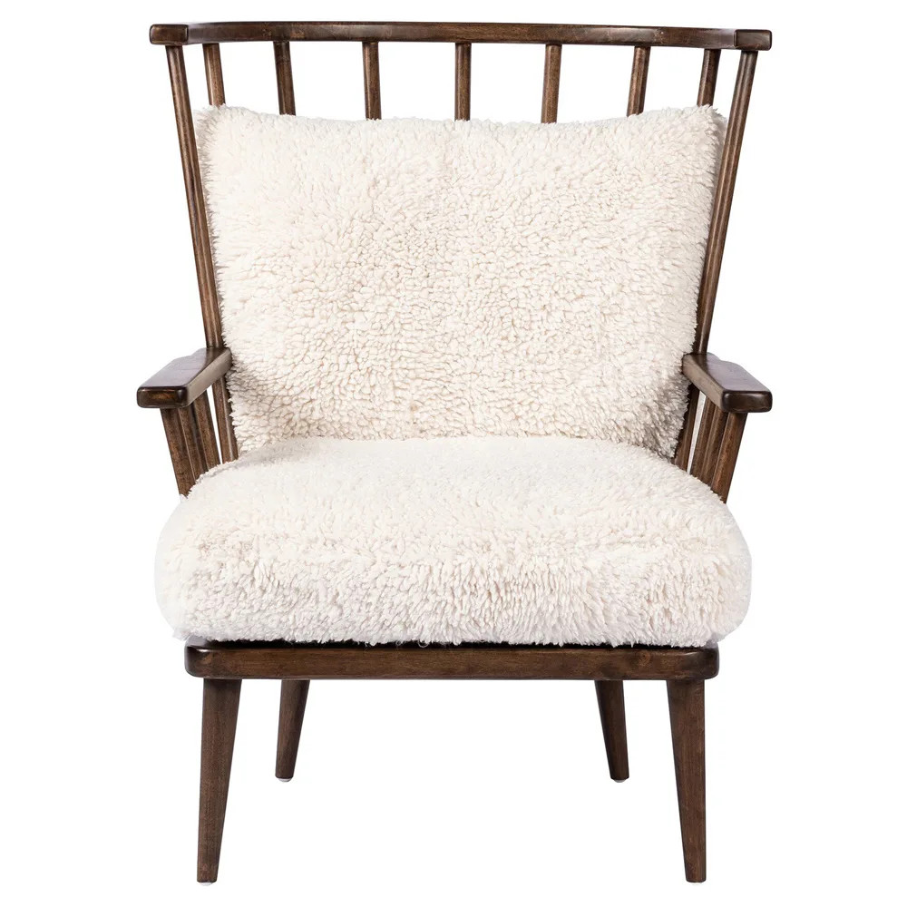 Elion Rustic Lodge Cream Faux Shearling Windsor Arm Chair | Kathy Kuo Home