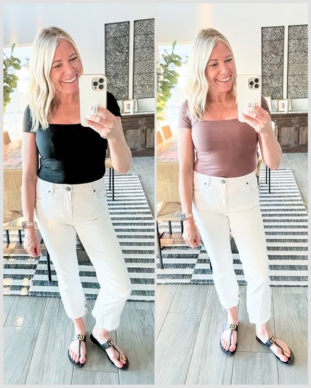 Square neck tees T-shirt with white jeans and Gucci sandals. Small top and size 2 jeans. Spring outfit ideas white denim 


#LTKstyletip #LTKover40 #LTKfindsunder50