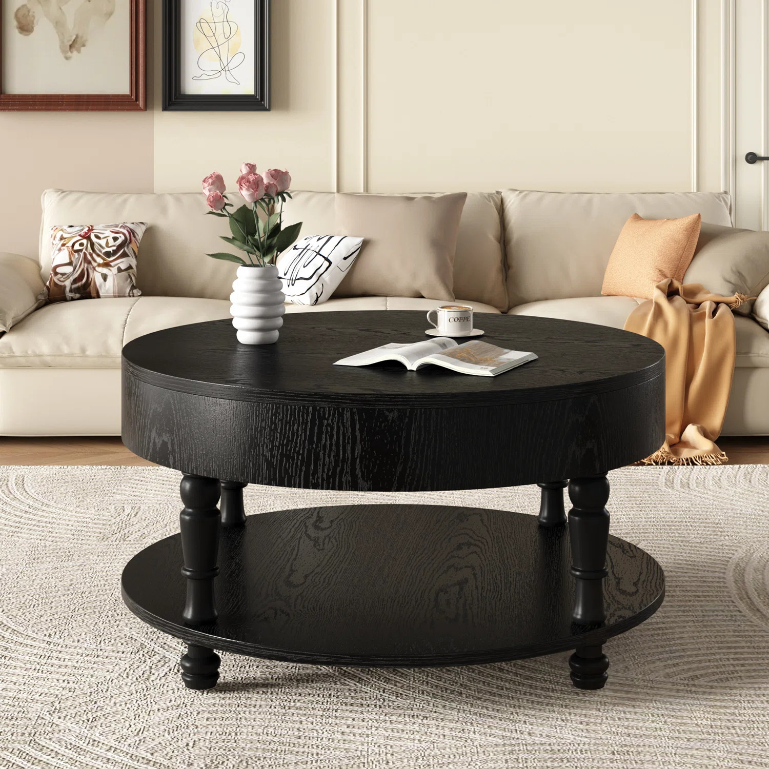 Round Coffee Table with bottom shelf and flip top storage | Wayfair North America